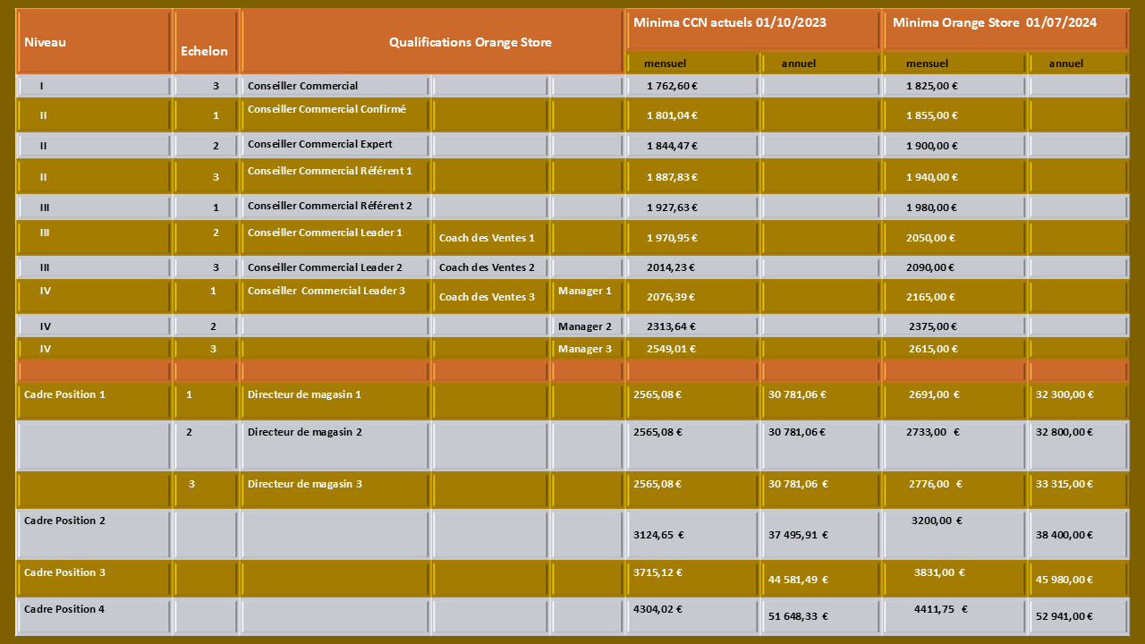 Grille des salaires Orange store 2024 et minima convention collective et interessement